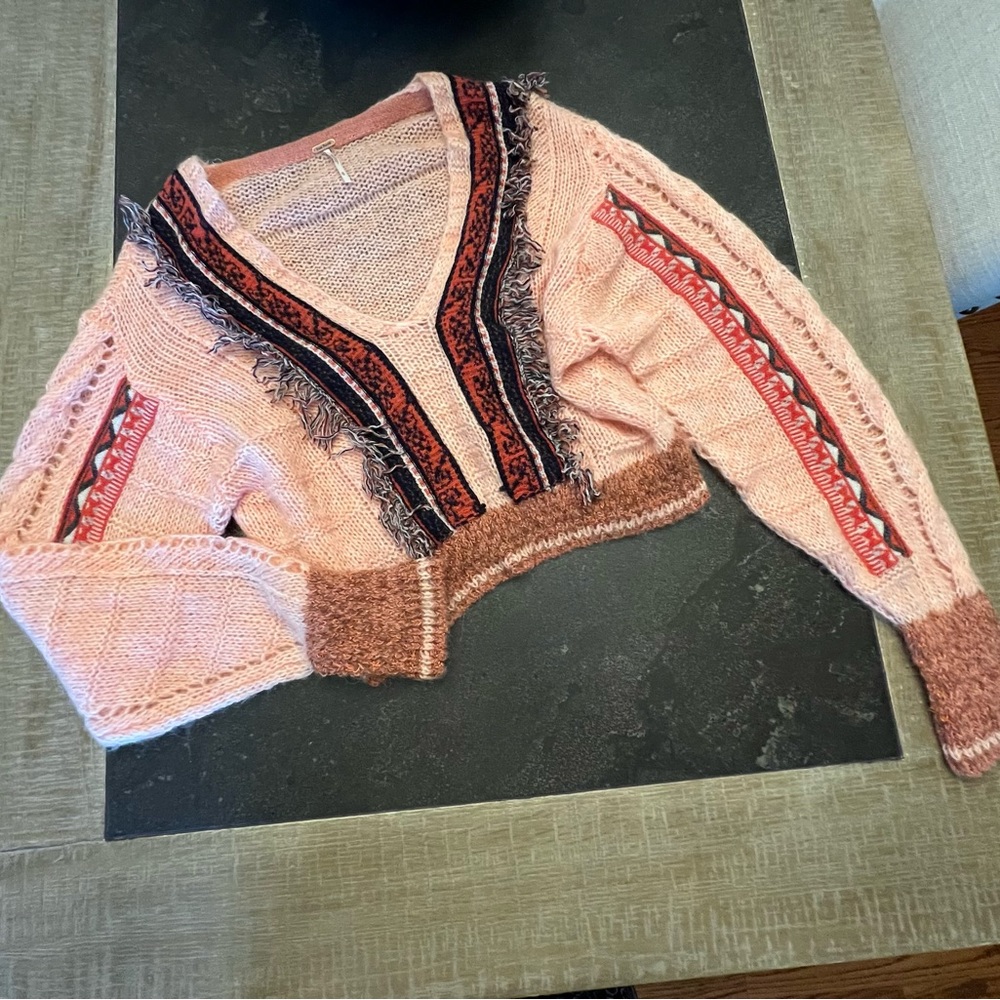 Free People Pink & Brown Cropped V-Neck Sweater with Embroidered Trim